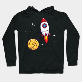 Rocket Flying With Moon In Space Cartoon Hoodie